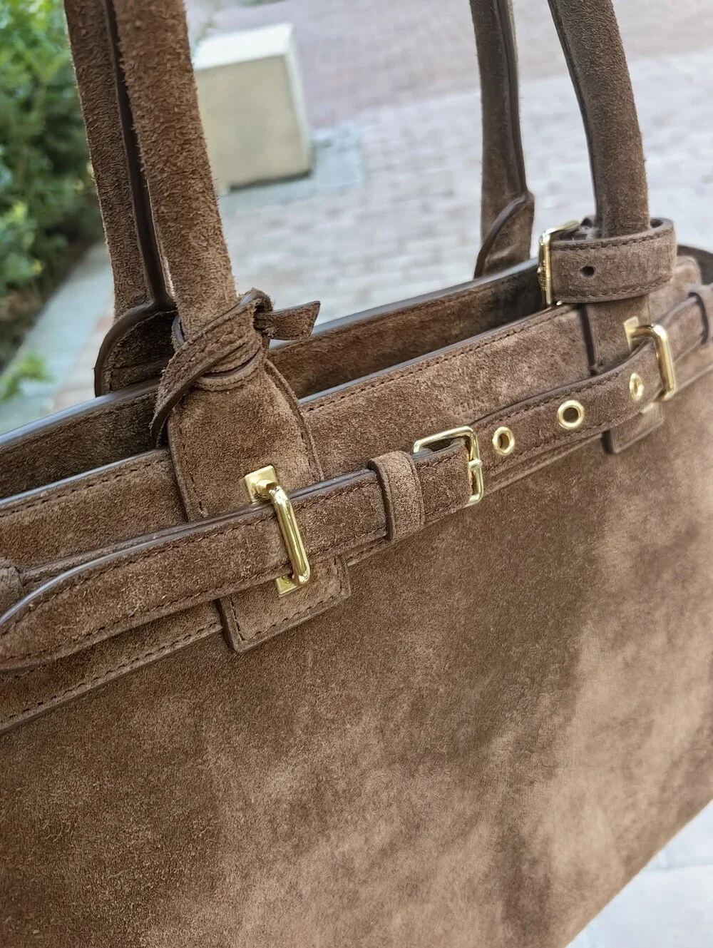 CELINE Conti Suede Leather Satchel Brown bag